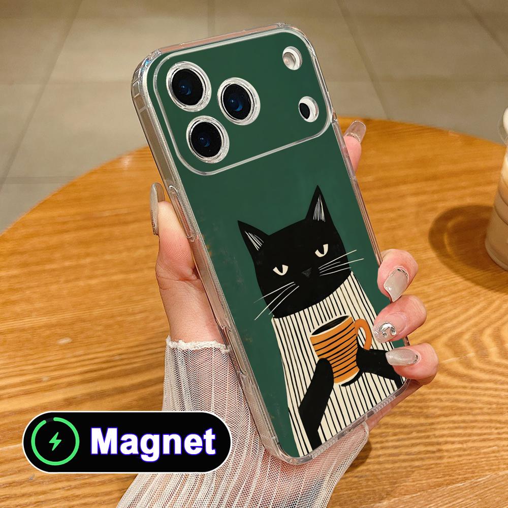 Cute Coffee Cat Clear TPU Magsafe Mobile Phone Case for iPhone 17 16 15 14 13 12 11 Air Pro Max Plus Mini Colorful Cover
