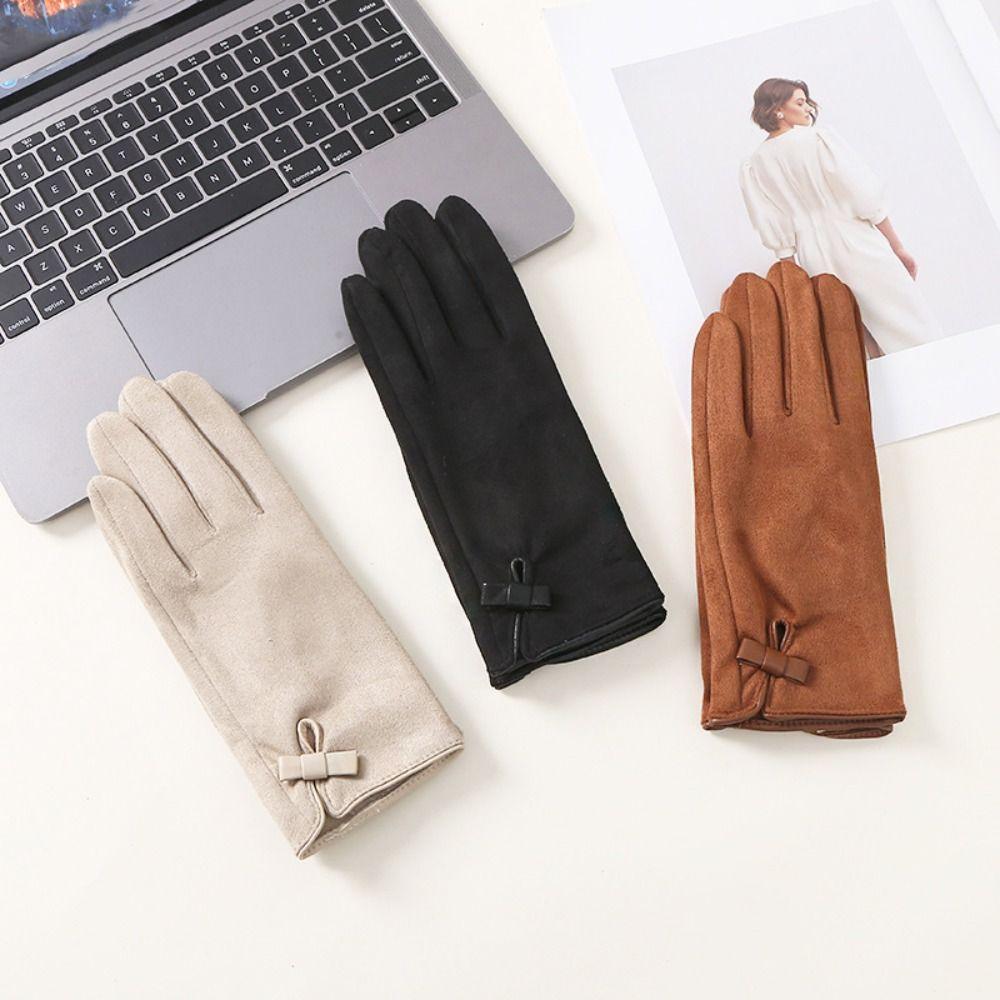 Bownot Pu Leather Gloves Velvet Women Cycling Mittens All-Match Winter Bow Suede Gloves  Kids
