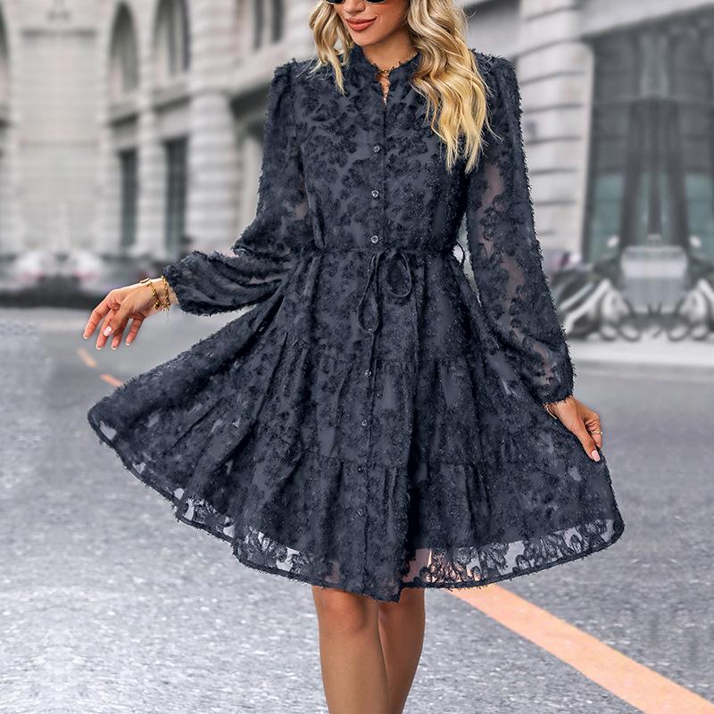 Abito Lungo Elegante Retrò in Pizzo Europeo e Americano - Multicolore Stile Primavera e Autunno