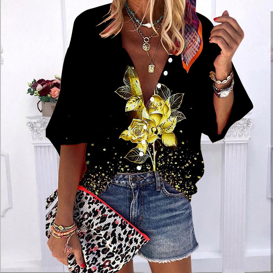 

2023 Лето Осень Новая мода Женские топы светло-голубой розы с принтом с половинчатым рукавом и рубашкой больших размеров на пуговицах с пузырчатыми рукавами