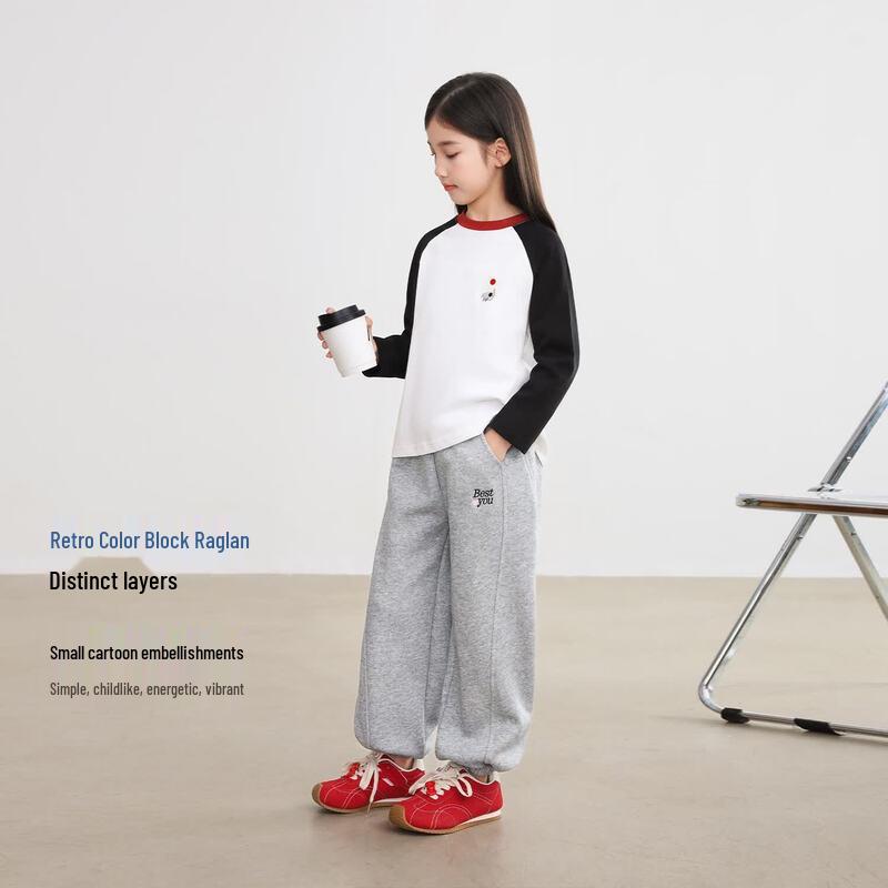 LUSON Girls' Pure Cotton Color-block Raglan Long Sleeve T-shirt
