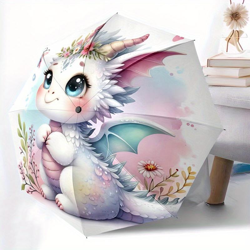 1pc Adorable White Dragon Automatic Folding Umbrella - 3 Folding Design, Vivid Cartoon Pattern, Suitable for Outdoor Activities, A Gift for Fans In Al