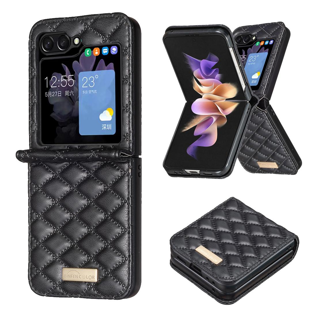 

BINFEN COLOR For Samsung Galaxy Z Flip6 5G/Z Flip5 5G Case Rhombus PU Leather Folding Phone Cover Blue
