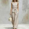 Women Solid Color Sleeveless Jumpsuit Round Neck Self Tie Belt Wide Leg Pants Casual Loose Fit Long Overalls