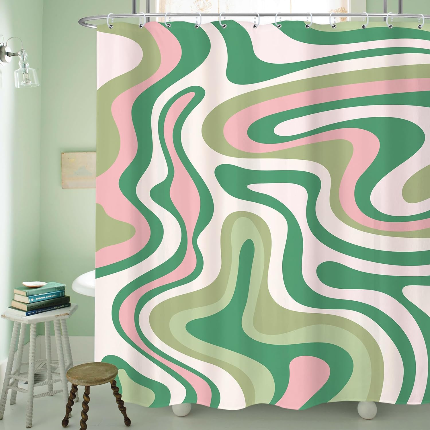 

Cute Floral Patchwork Shower Curtain Vintage Green Pink Checkered Flowers Bohemian Spring Groovy Botanical Fabric Waterproof W60H190(CM)-1 Pcs