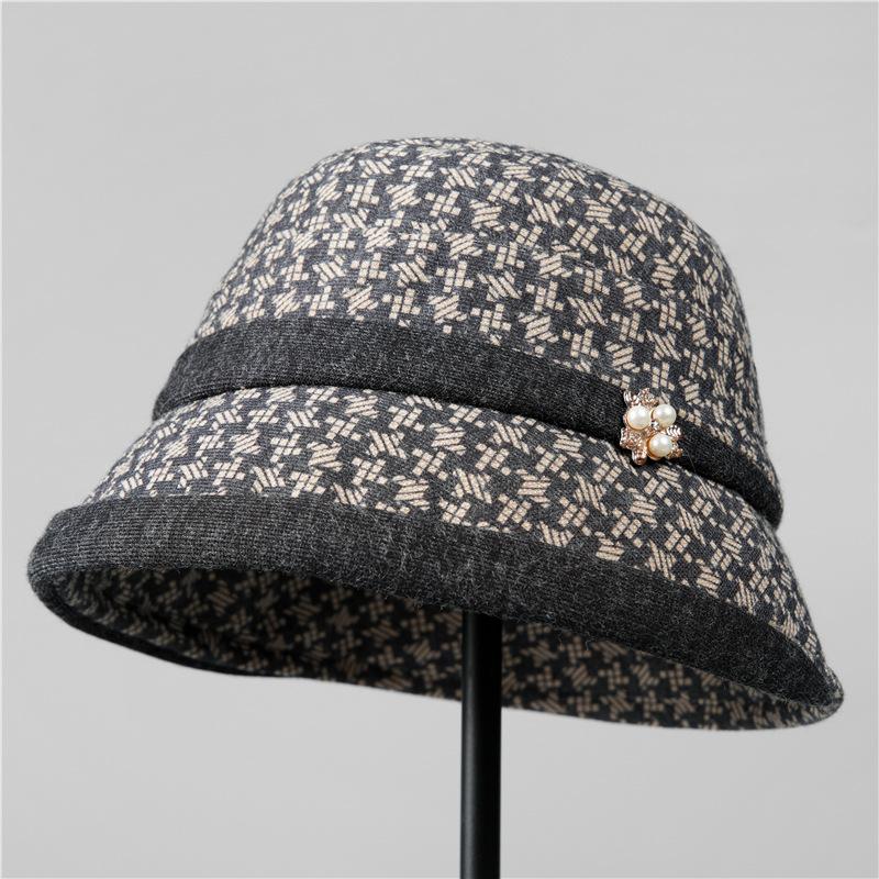 

Шляпа-ведро с фланцами на середину и позднюю осень и зиму, теплая шляпа-ведро в клетку «тысяча птиц», шерстяная утолщенная шляпа M（56-58cm） серый