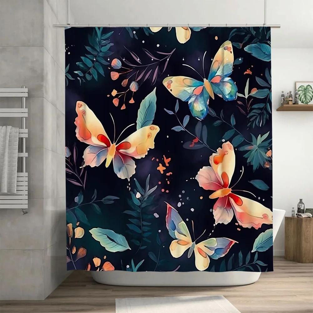 Vivid Butterfly Floral Shower Curtain Waterproof Decorative Bathroom Hanging Wall Home Decor Soft Fabric Printed Watermelon Desi