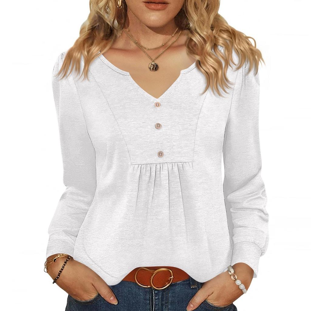 Women's Fashionable Casual V-neck Blouse Button Long-sleeved Pullover T-shirt Top