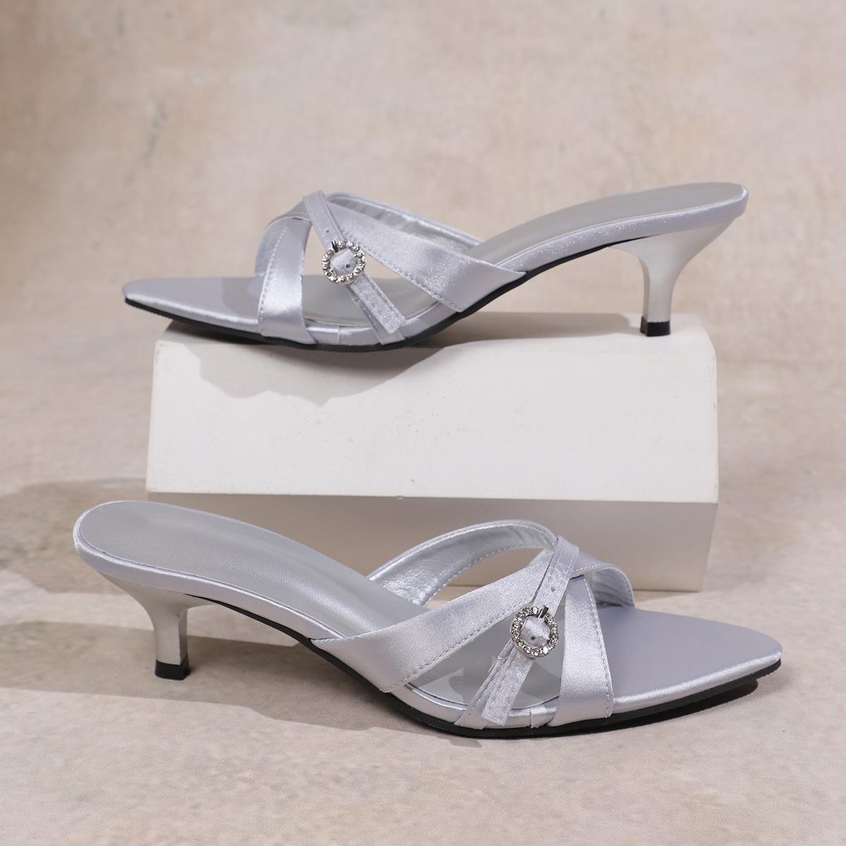 

Cross-strap slippers pointed stiletto medium heel slippers low heel one-word high heel sandals women s shoes foreign trade 42 серебряный