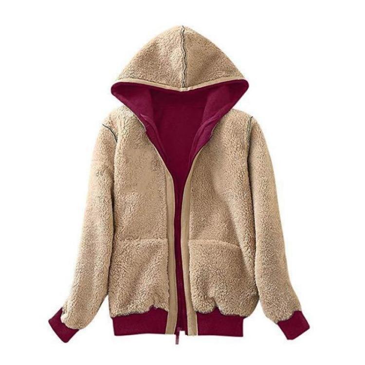 Plus Size Womens Plush Hooded Jacket Long Sleeve Zipper Sweater Coat Tops