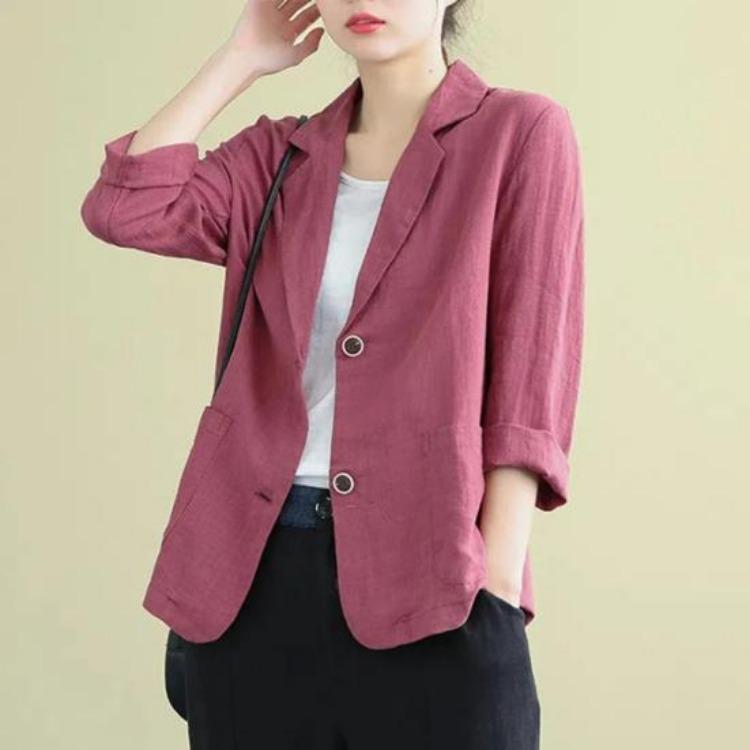Women Vintage Casual Blazer Jacket Cotton Linen Coat Long Sleeve Lapel Thin Coat with Pockets 2 Buttons