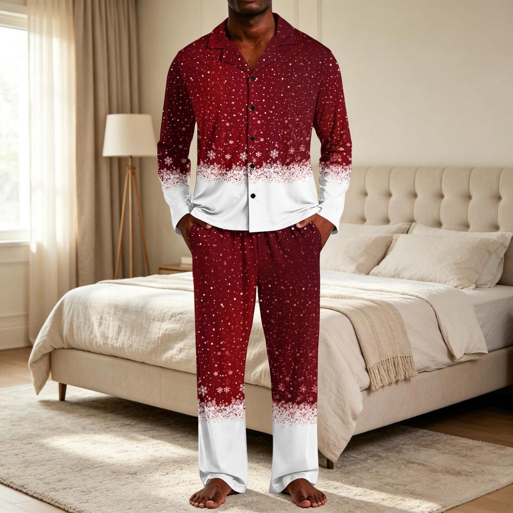 Kerstpyjamaset voor heren met knopenhemd en rechte broek, Casual print nachtkleding tweestukken outfit, Feestelijke loungewear voor de feestdagen