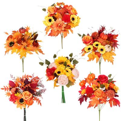 Artificial Flower Maple Pumpkin Bouquet Realistic Fake Silk Sunflower Halloween Thanksgiving Festival Indoor Outdoor Decoration
