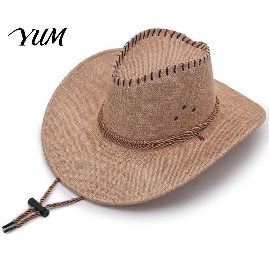 Outdoor UV Protection Hat Western Cowboy with Windbreak Rope for Men, Wide Brim Linen Sun Foldable Travel Travel, Halloween Cosplay Costume,