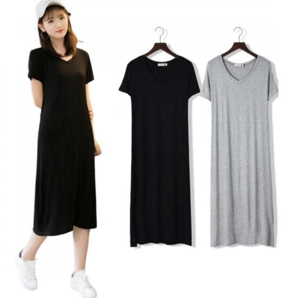 New Arrivals Open Run Women Short Sleeve Long Dress Plain Stretch Easy