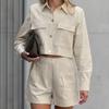 Spring and Summer New Khaki Cotton and Linen Temperament Lapel Collar Long-sleeved Shirt Hot Pants Set 1116 European and American Fashion Two-piece