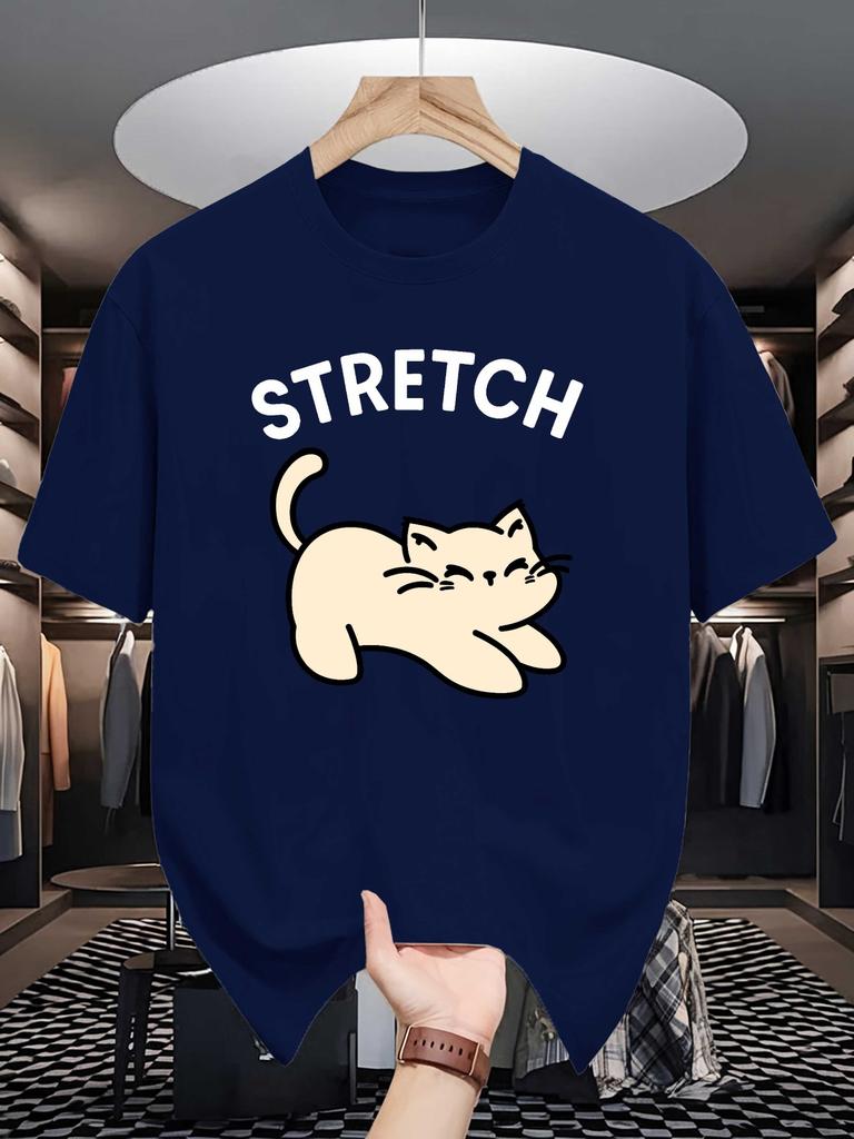 Unisexs Cute Stretch Lazy Cat Graphic Tshirt Lovely Pet Crew Neck Tees Casual Tops For Male Cat Admirers Cartoon Daily Gift