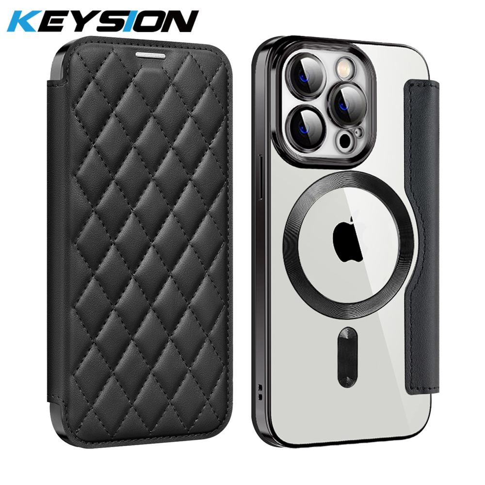

KEYSION Plating Leather Flip Wallet Case for iPhone 11 12 13 Pro Max Card Slots Magnetic Wireless Charging Phone Back Cover for iPhone 13 чёрный