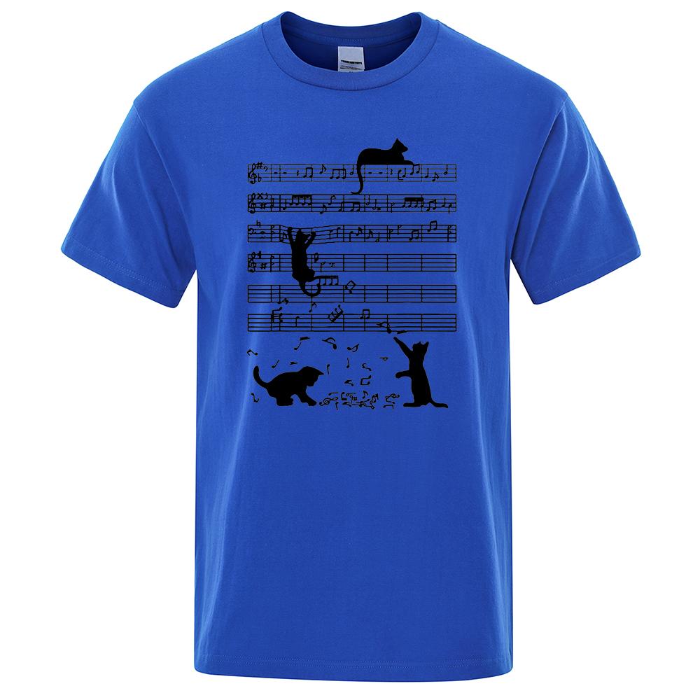 Cotton T Shirt Printed Cat Playing Staves Funny T-shirts for Men Summer Short Sleeve Top Tee Shirts Casual Basic Mens T-shirt