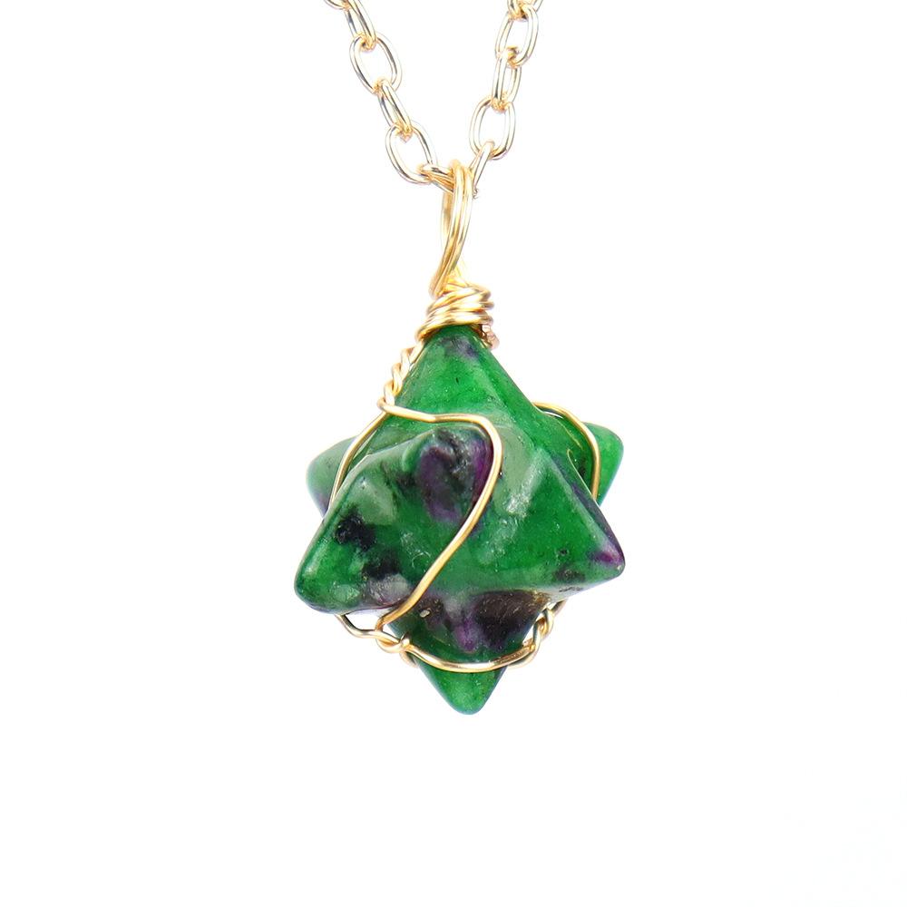 Gold Wrapped Natural Stone Crystal Kaba Star Agate Hexagram Pendulum Necklace Pendant N636