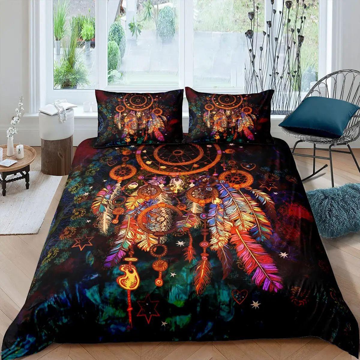 

Dream Catcher Printed Duvet Set Bohemian Feather Design Bedding Set Three-Piece Set EU single 135*200