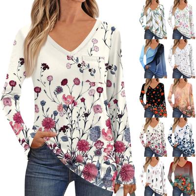 Women's Fashion Long Sleeve V-Neck Pullover Printed T-Shirt Top With Pocket