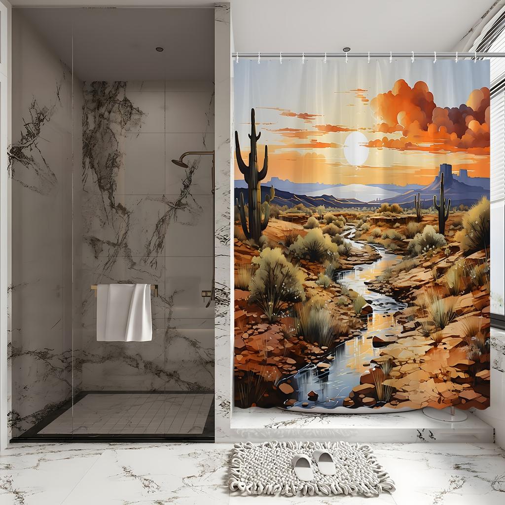 Desert Sunset Shower Curtain - Cactus Silhouettes, Orange Sky & Mountains, Polyester Fabric, Digital Painting