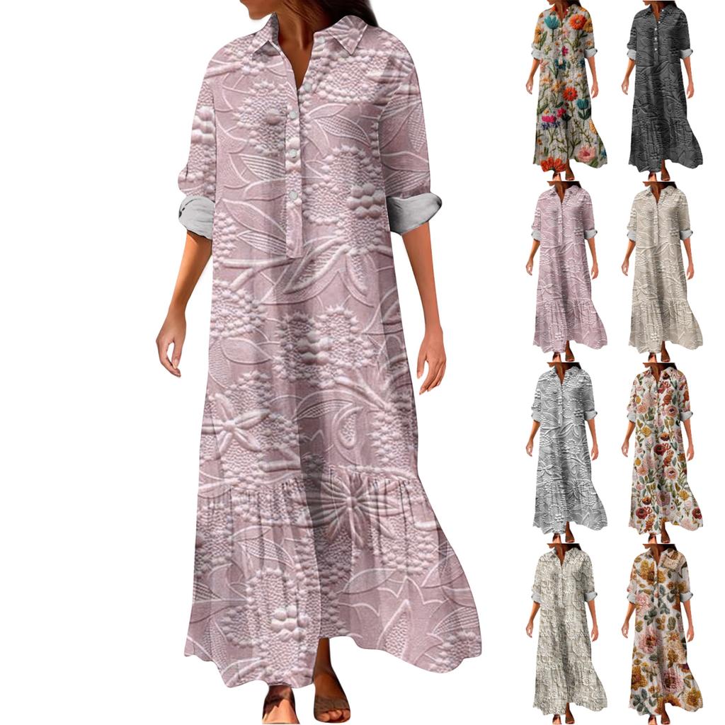 Women's Fashionable And Elegant Autmn And Winter Button Lapel Three-quarter Sleeve Three-dimensional Printed Dress
