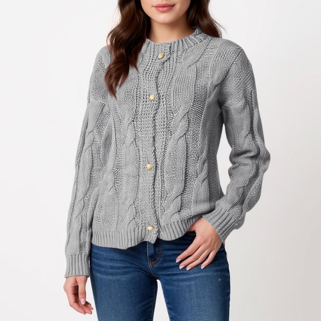 Women's Round Neck Long Sleeve Cable Knit Cardigan Solid Color Loose Knit Cardigan Sweater Jacket