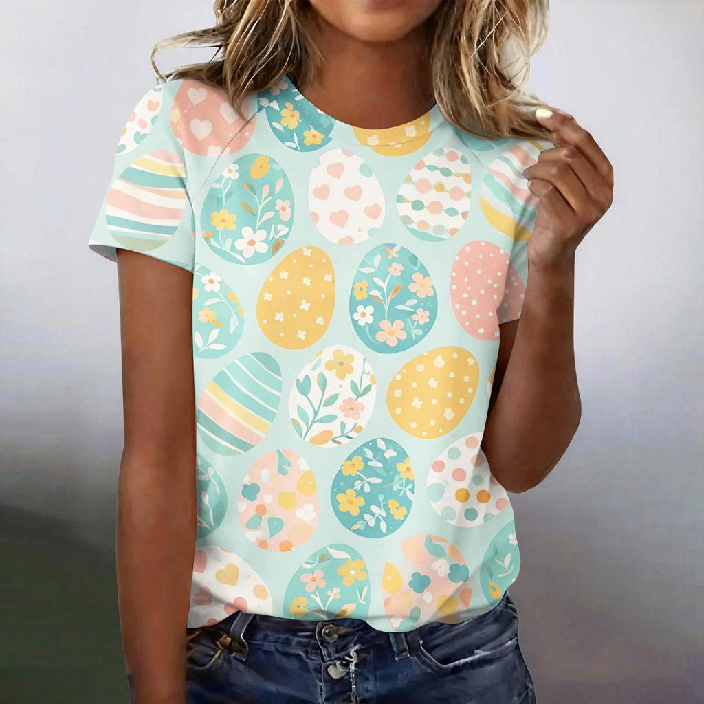 Women's Fashionable Casual Short-Sleeved Raglan Sleeve Easter Print T-Shirt Top