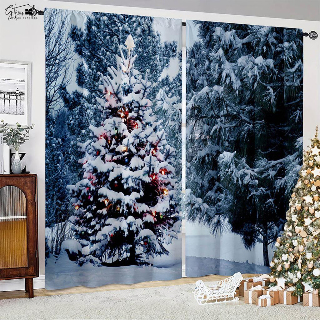 Christmas Decoration Curtains Christmas Tree Santa Claus Gift Snowman Living Room Children's Room New Year Holiday Curtains 2PCS