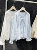 Chic Ruffled Patchwork Lace-Up Long-Sleeve V-Neck Shirt for Women – Slimming and Versatile Spring Top
