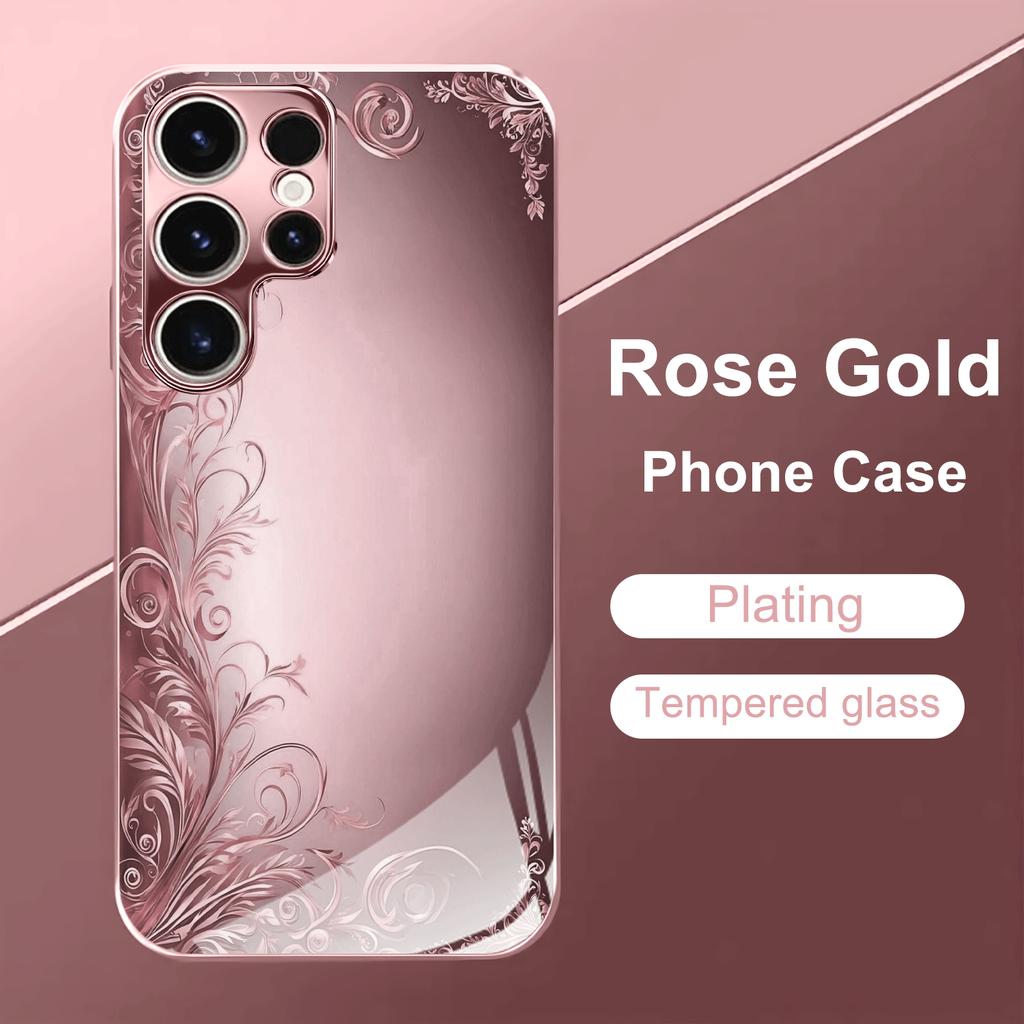 Flowers Pink Rose Gold Exquisite PhoneCase Glass PhoneCase for Samsung Galaxy S26 S25 S24 S23 S22 FE,Ultra,Plus Dropresistant