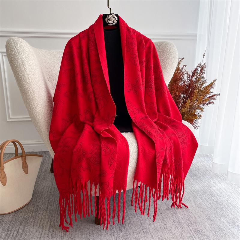 Embossed Cashmere Winter Scarf for Women Plain Warm Chunky Shawl Elegant Lady Poncho Pashmina Hijab Bufanda Boho Cape for Winter
