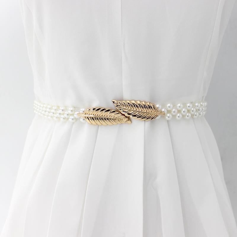 Korean Version of Women's Rhinestone Pearl Waist Chain Fashion Dress Decorative Elastic Waist Belt Women's Sweet Flower Elastic Waist Seal