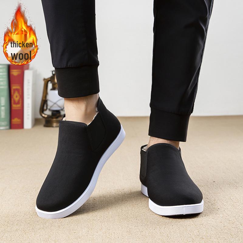 Men's Black High-Top Cloth Shoes - Rubber Sole, Cotton, Dustproof, Wear-Resistant, Breathable, Slip-On