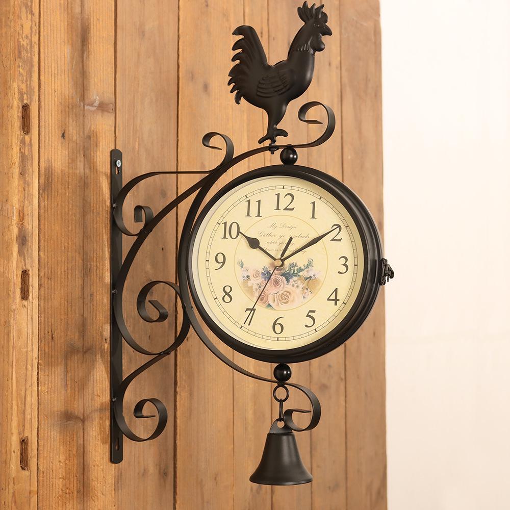 Double-Sided Wrought Iron Rooster Wall Clock - Silent European Decor for Living Room