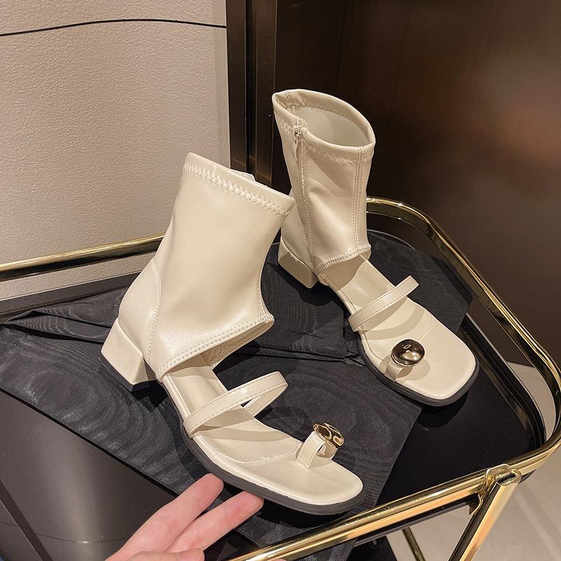 2025 new design sense niche black sandals women's summer square head thick heel cool boots hollow side zipper cover toe short boots