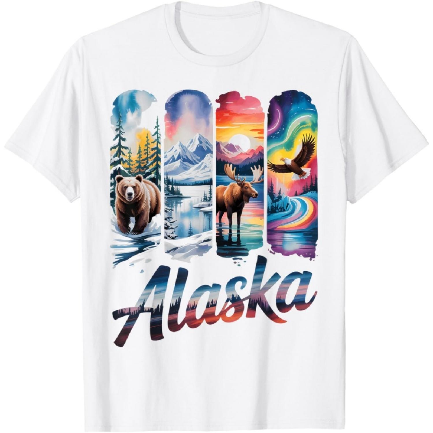 Alaskan Bear Moose Eagle Lake And Mountain Aurora Borealis T-Shirt S