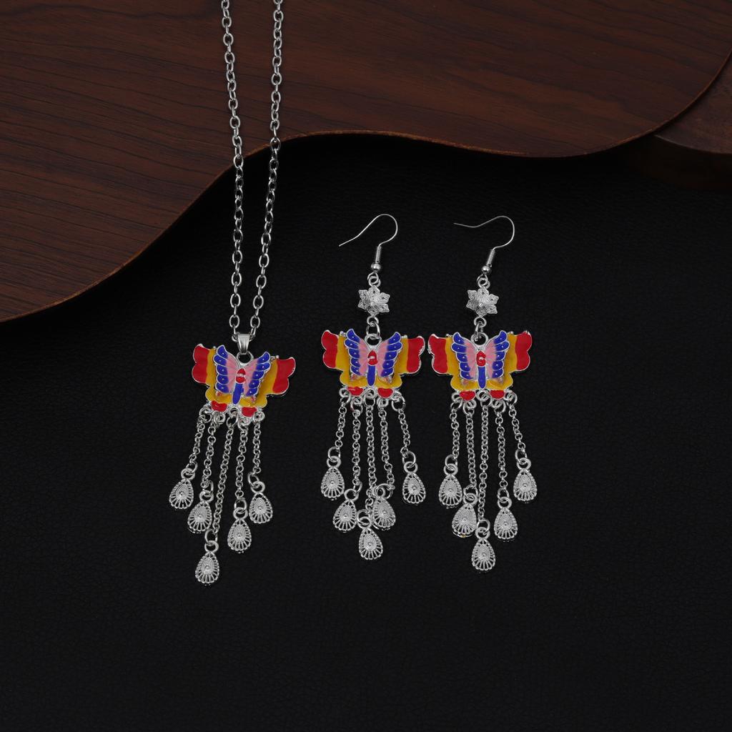 Bohemian Long Fringed Water Drop Earrings Retro Ethnic Style Earrings Women'S Colorful Butterfly Necklace Women'S