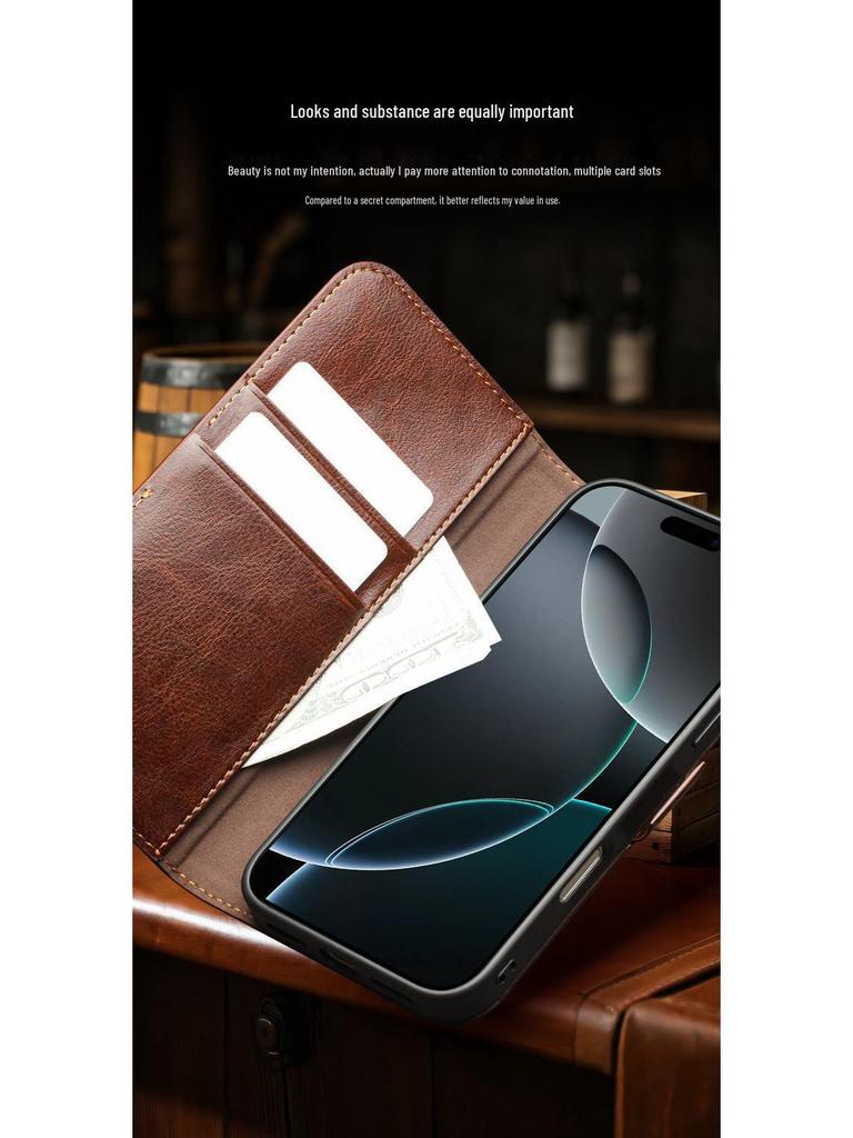 Chali Shi Genuine Leather iPhone 17 Pro Max Flip Case with Magnetic Buckle, Air Stand, and Card Slot