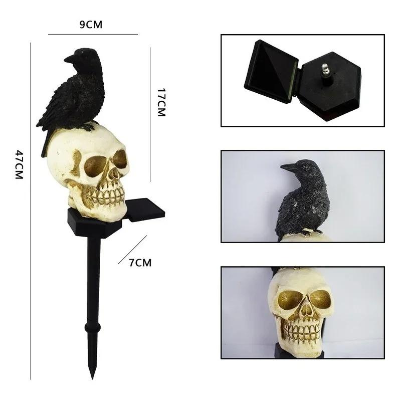 Solar Lights Outdoor 1 Set Crow on Skull Solar Halloween Lights with Stake Waterproof LED Light Decorations for Outdoor Decor