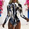 Women Plus Size Blue White Printed High Neck Front Zip Long Sleeve One Piece Swimsuit