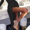 Deep V-Neck Long Sleeve Maxi Dress Slim Fit High Split Glitter Wrap Party Dress for Bar
