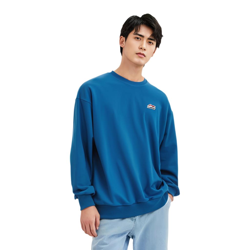 Li Ning Sports Fashion Series Logo Embroidered Pullover Sweatshirt Men Sweatshirt Deep-Space-Blue AWDR575-4