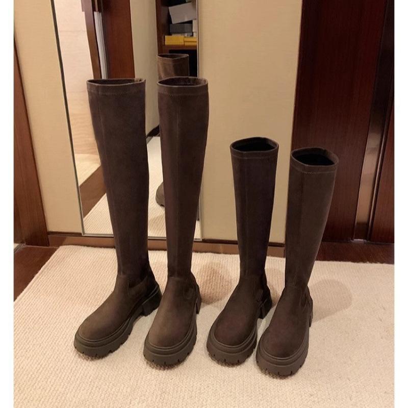 Grape Mother of the Same Style, Versatile Round Head Thick Sole Heightened Thick Heel Legs Straight Thin Suede Boots Autumn and Winter Women's Over-th