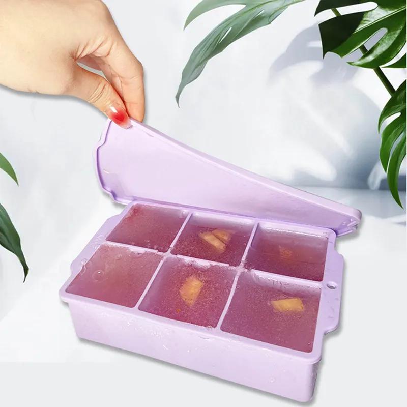 6 Fack Stor Iskubbricka Form med Lock Jätte Jumbo Stor Silikon Iskub Fyrkantig Låda Stapelbar DIY Whisky Istillverkare Kök