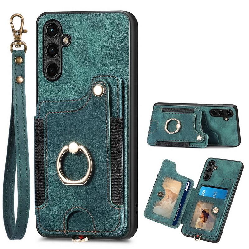 Leather Magnetic Card Bag Case For iPhone 17 16 15 14 13 Xiaomi 13T Poco X5 Pro Ring Bracket Cover For Samsung S24 Ultra S23 A54 Google With Wristband