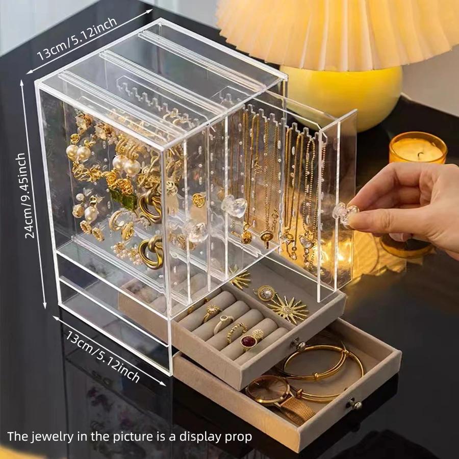 A clear earring and necklace display case, vintage plastic storage case with drawers for bracelets, rings and accessories