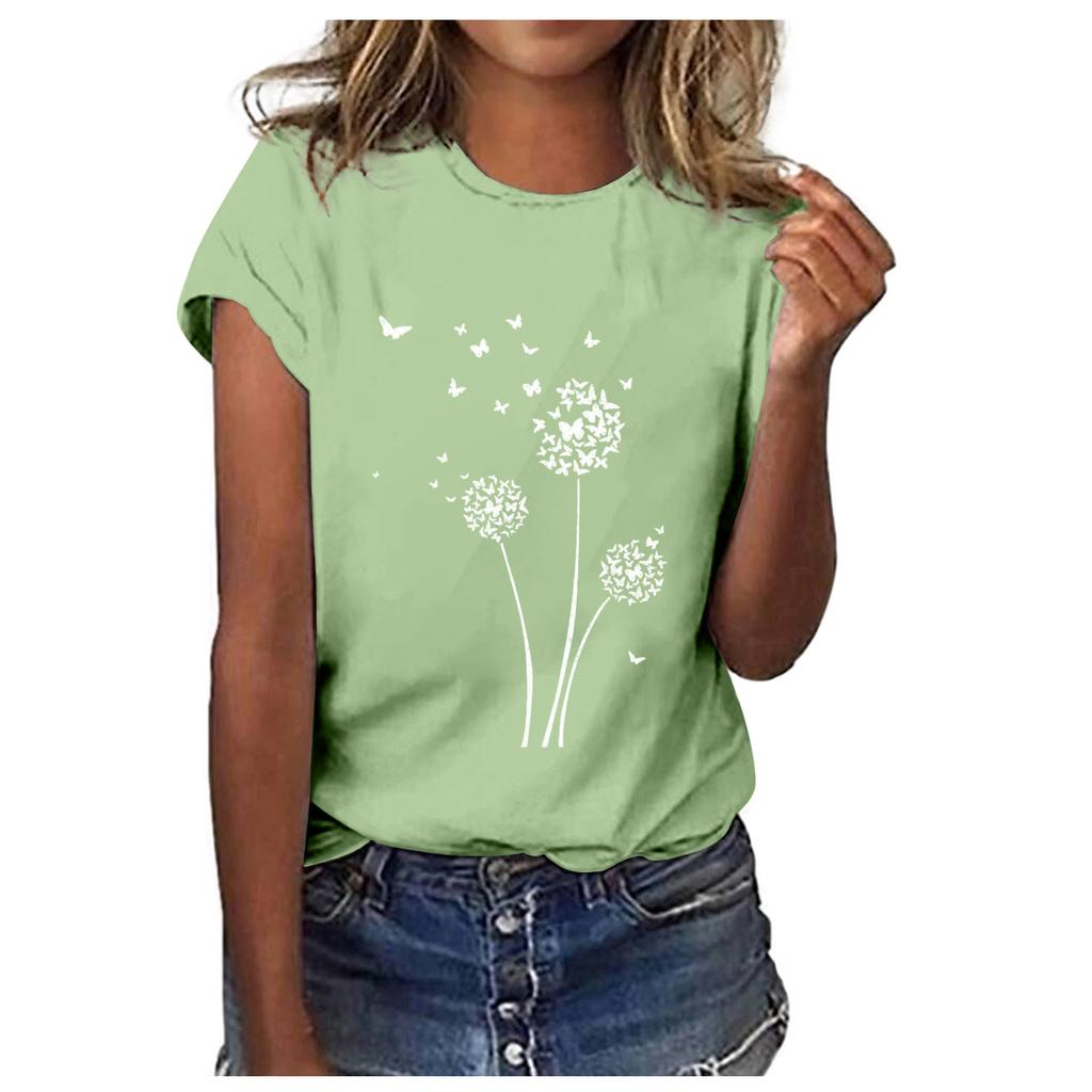 Women Fashion Casual Tops Printed Short Sleeve Shirts Round Neck Pullover T Shirts